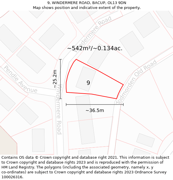 9, WINDERMERE ROAD, BACUP, OL13 9DN: Plot and title map