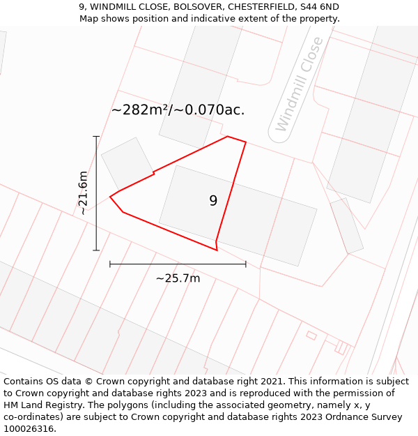 9, WINDMILL CLOSE, BOLSOVER, CHESTERFIELD, S44 6ND: Plot and title map