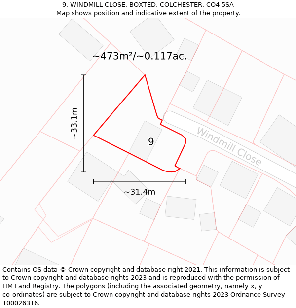 9, WINDMILL CLOSE, BOXTED, COLCHESTER, CO4 5SA: Plot and title map