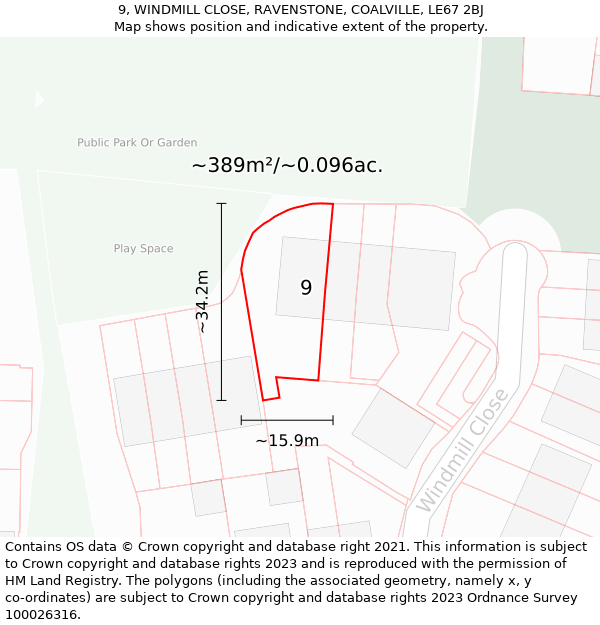 9, WINDMILL CLOSE, RAVENSTONE, COALVILLE, LE67 2BJ: Plot and title map