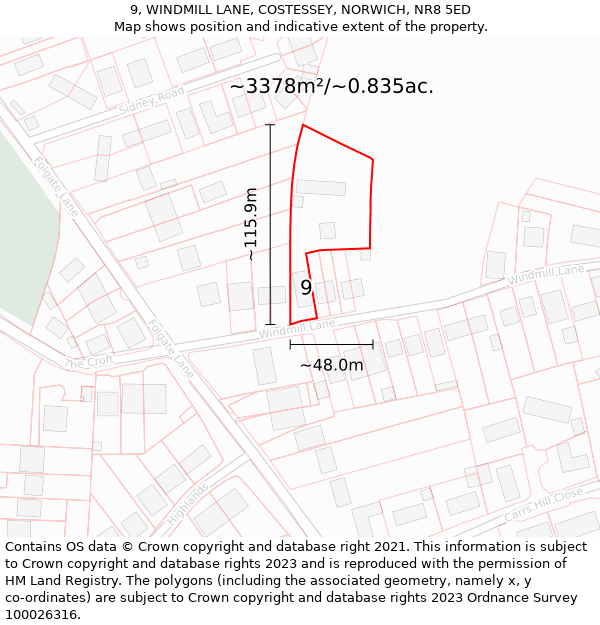 9, WINDMILL LANE, COSTESSEY, NORWICH, NR8 5ED: Plot and title map