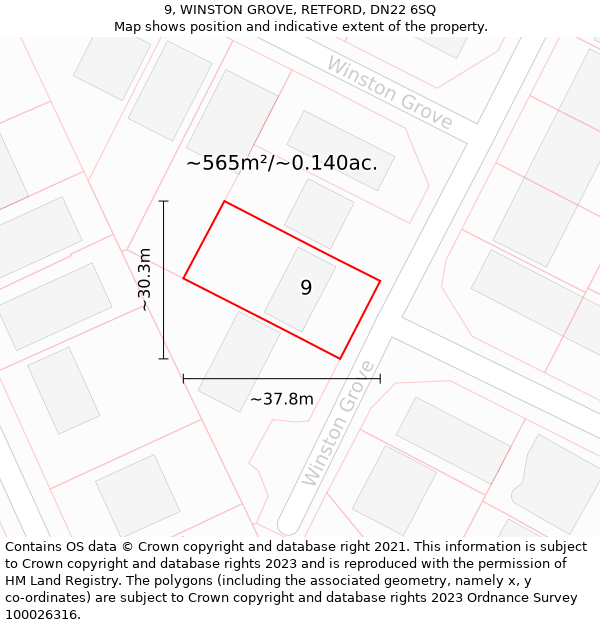 9, WINSTON GROVE, RETFORD, DN22 6SQ: Plot and title map