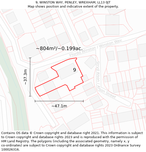 9, WINSTON WAY, PENLEY, WREXHAM, LL13 0JT: Plot and title map