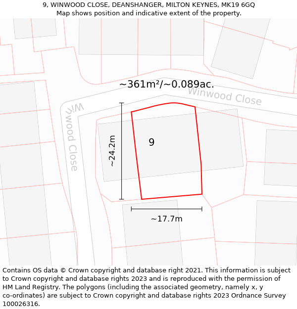 9, WINWOOD CLOSE, DEANSHANGER, MILTON KEYNES, MK19 6GQ: Plot and title map