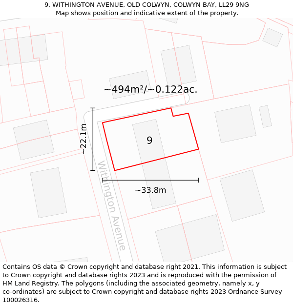 9, WITHINGTON AVENUE, OLD COLWYN, COLWYN BAY, LL29 9NG: Plot and title map