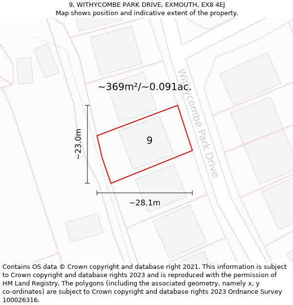 9, WITHYCOMBE PARK DRIVE, EXMOUTH, EX8 4EJ: Plot and title map
