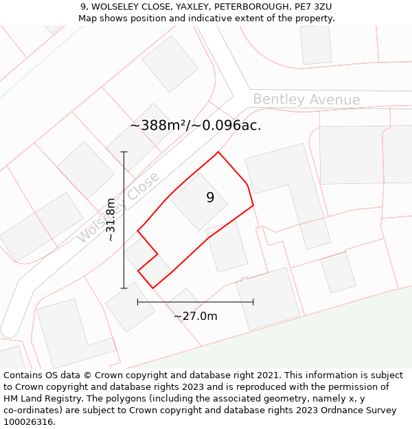 9, WOLSELEY CLOSE, YAXLEY, PETERBOROUGH, PE7 3ZU: Plot and title map