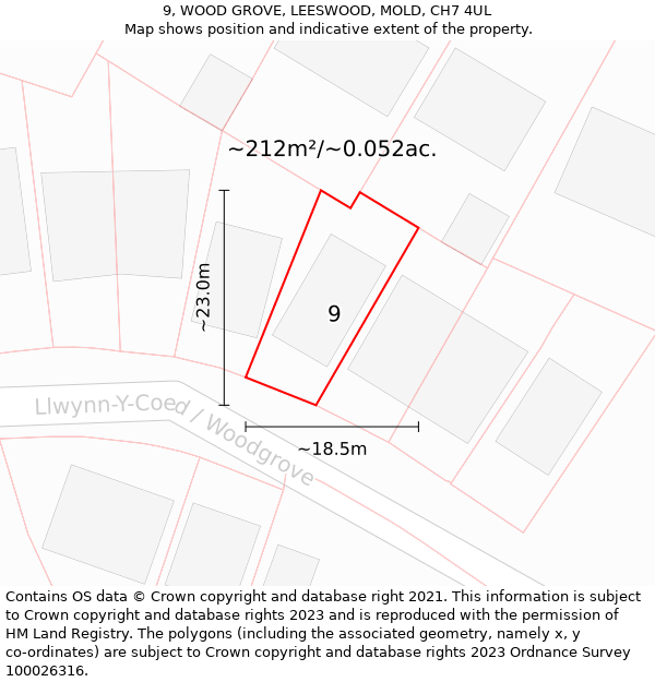 9, WOOD GROVE, LEESWOOD, MOLD, CH7 4UL: Plot and title map