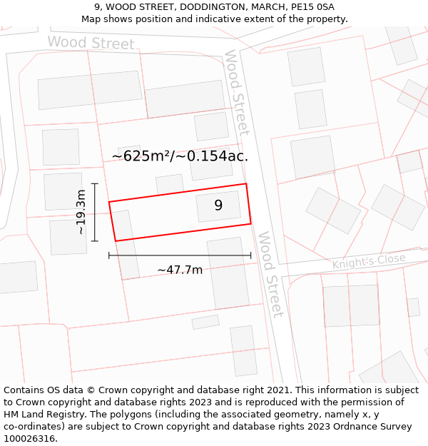 9, WOOD STREET, DODDINGTON, MARCH, PE15 0SA: Plot and title map