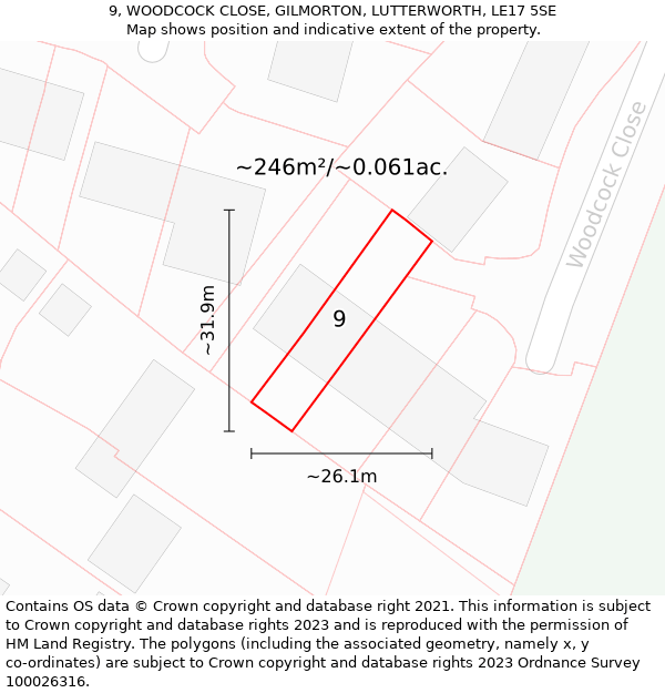 9, WOODCOCK CLOSE, GILMORTON, LUTTERWORTH, LE17 5SE: Plot and title map