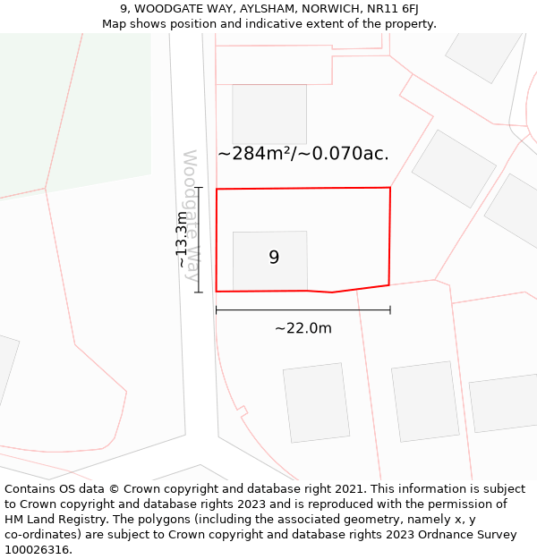 9, WOODGATE WAY, AYLSHAM, NORWICH, NR11 6FJ: Plot and title map