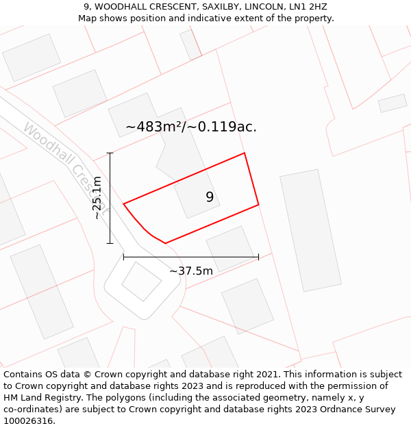 9, WOODHALL CRESCENT, SAXILBY, LINCOLN, LN1 2HZ: Plot and title map