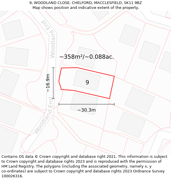 9, WOODLAND CLOSE, CHELFORD, MACCLESFIELD, SK11 9BZ: Plot and title map