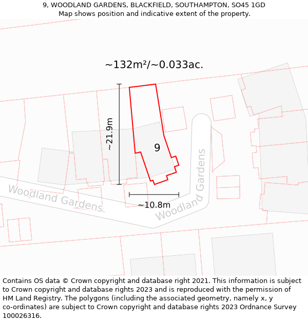 9, WOODLAND GARDENS, BLACKFIELD, SOUTHAMPTON, SO45 1GD: Plot and title map