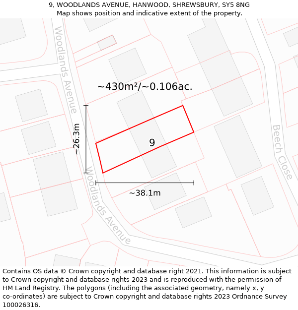 9, WOODLANDS AVENUE, HANWOOD, SHREWSBURY, SY5 8NG: Plot and title map