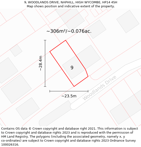 9, WOODLANDS DRIVE, NAPHILL, HIGH WYCOMBE, HP14 4SH: Plot and title map