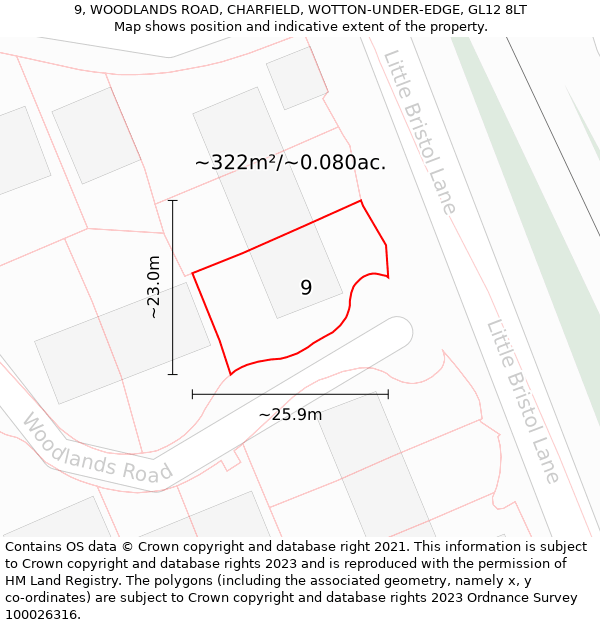 9, WOODLANDS ROAD, CHARFIELD, WOTTON-UNDER-EDGE, GL12 8LT: Plot and title map