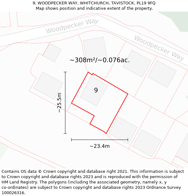 9, WOODPECKER WAY, WHITCHURCH, TAVISTOCK, PL19 9FQ: Plot and title map