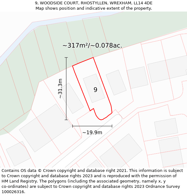 9, WOODSIDE COURT, RHOSTYLLEN, WREXHAM, LL14 4DE: Plot and title map