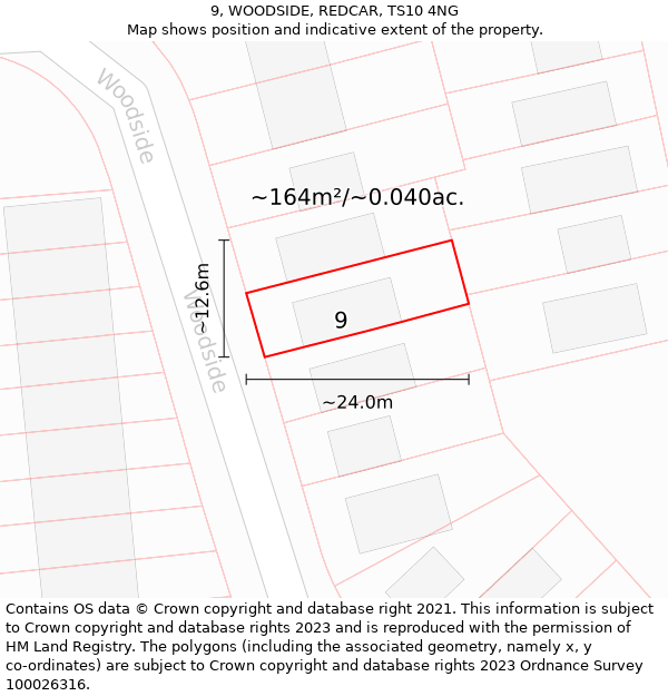 9, WOODSIDE, REDCAR, TS10 4NG: Plot and title map