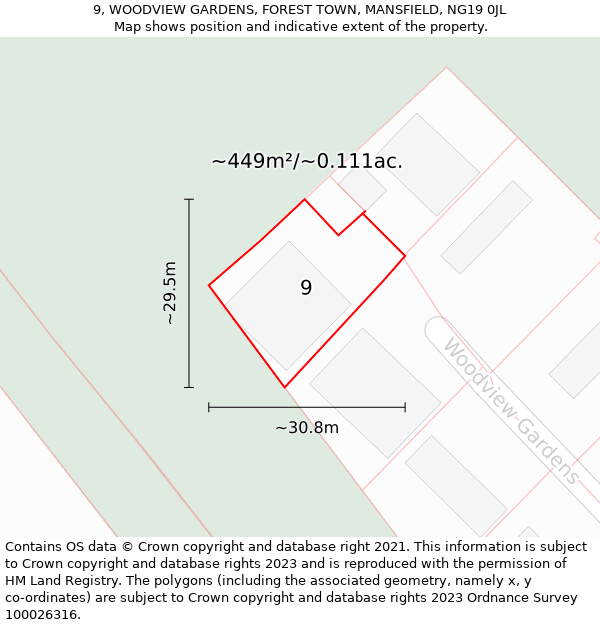 9, WOODVIEW GARDENS, FOREST TOWN, MANSFIELD, NG19 0JL: Plot and title map