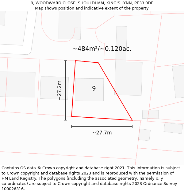 9, WOODWARD CLOSE, SHOULDHAM, KING'S LYNN, PE33 0DE: Plot and title map