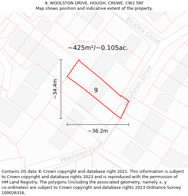 9, WOOLSTON DRIVE, HOUGH, CREWE, CW2 5RF: Plot and title map