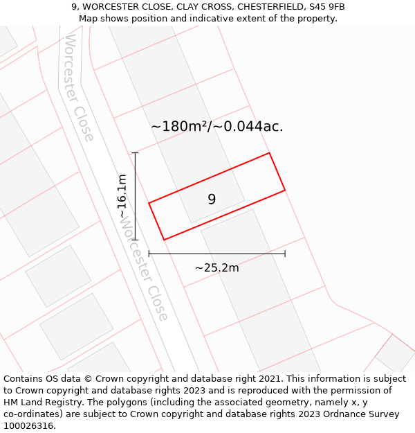 9, WORCESTER CLOSE, CLAY CROSS, CHESTERFIELD, S45 9FB: Plot and title map