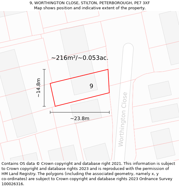 9, WORTHINGTON CLOSE, STILTON, PETERBOROUGH, PE7 3XF: Plot and title map