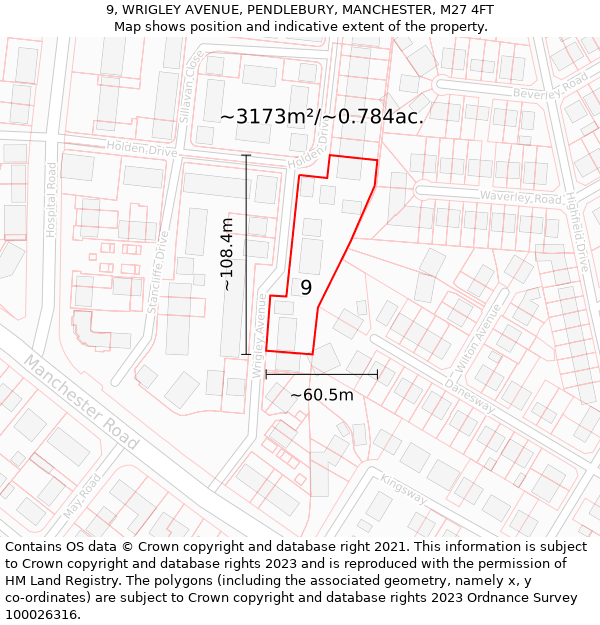 9, WRIGLEY AVENUE, PENDLEBURY, MANCHESTER, M27 4FT: Plot and title map