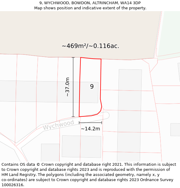 9, WYCHWOOD, BOWDON, ALTRINCHAM, WA14 3DP: Plot and title map