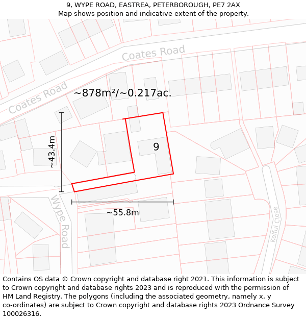 9, WYPE ROAD, EASTREA, PETERBOROUGH, PE7 2AX: Plot and title map