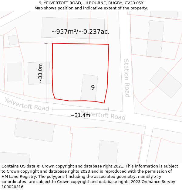 9, YELVERTOFT ROAD, LILBOURNE, RUGBY, CV23 0SY: Plot and title map