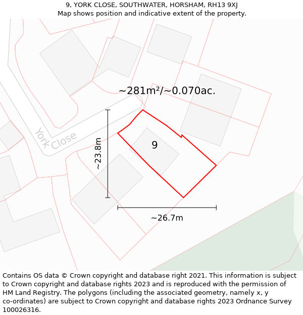 9, YORK CLOSE, SOUTHWATER, HORSHAM, RH13 9XJ: Plot and title map