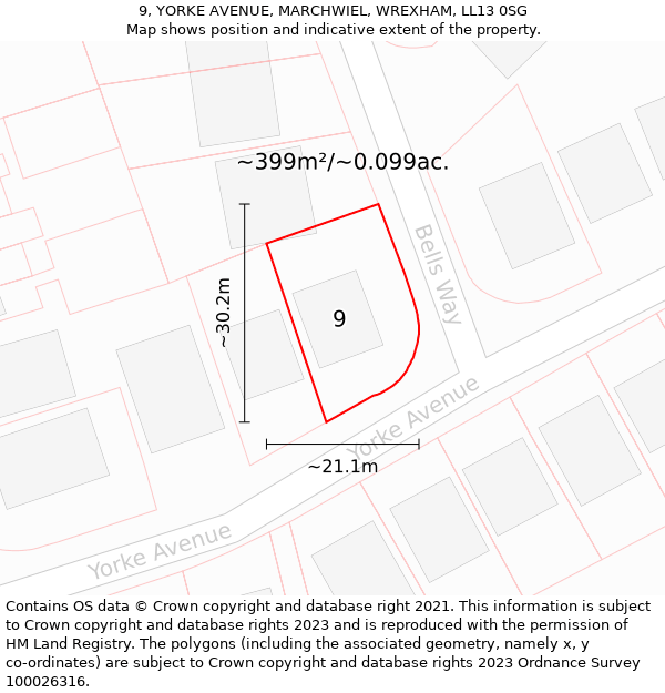 9, YORKE AVENUE, MARCHWIEL, WREXHAM, LL13 0SG: Plot and title map