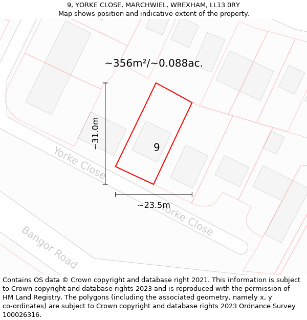 9, YORKE CLOSE, MARCHWIEL, WREXHAM, LL13 0RY: Plot and title map