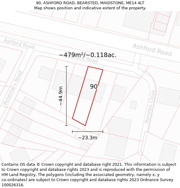 90, ASHFORD ROAD, BEARSTED, MAIDSTONE, ME14 4LT: Plot and title map