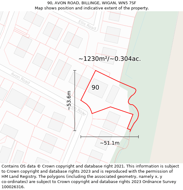 90, AVON ROAD, BILLINGE, WIGAN, WN5 7SF: Plot and title map