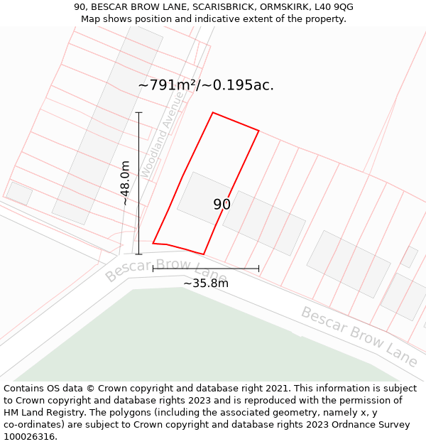 90, BESCAR BROW LANE, SCARISBRICK, ORMSKIRK, L40 9QG: Plot and title map