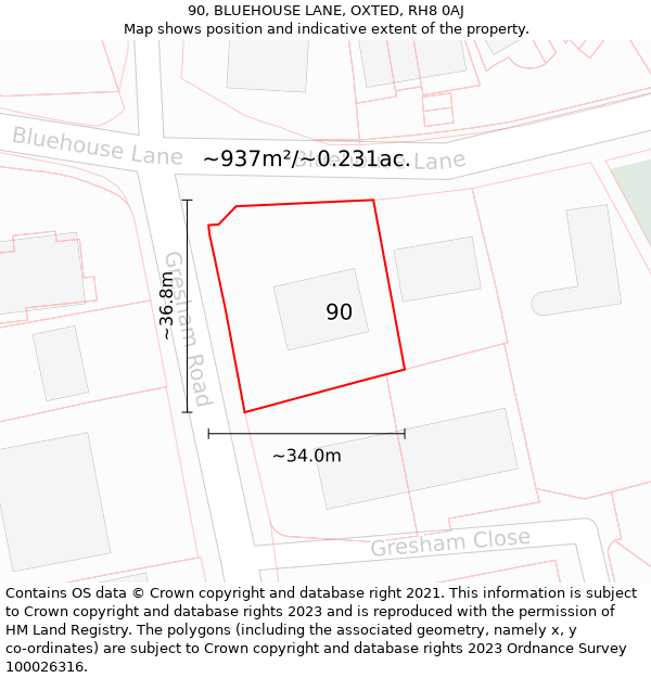 90, BLUEHOUSE LANE, OXTED, RH8 0AJ: Plot and title map