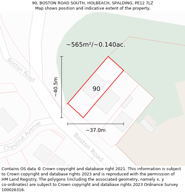 90, BOSTON ROAD SOUTH, HOLBEACH, SPALDING, PE12 7LZ: Plot and title map