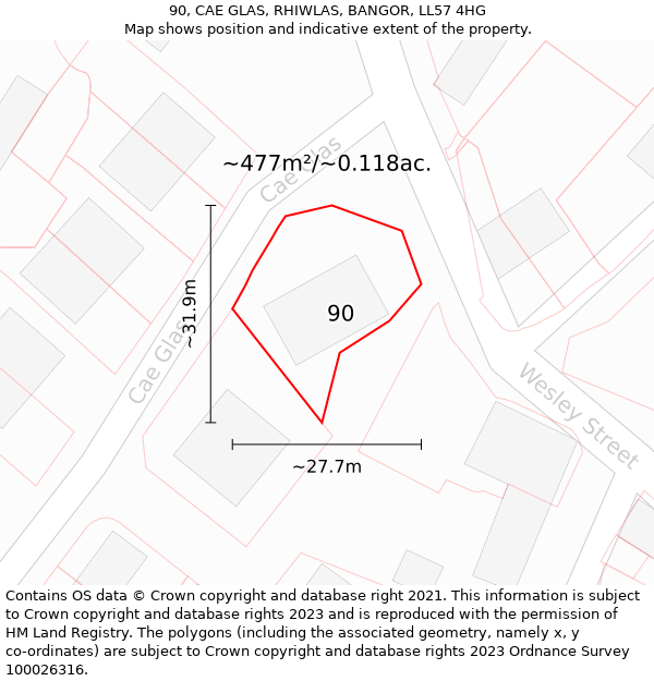 90, CAE GLAS, RHIWLAS, BANGOR, LL57 4HG: Plot and title map