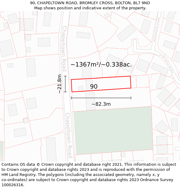 90, CHAPELTOWN ROAD, BROMLEY CROSS, BOLTON, BL7 9ND: Plot and title map