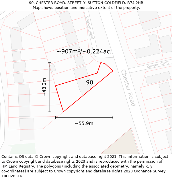 90, CHESTER ROAD, STREETLY, SUTTON COLDFIELD, B74 2HR: Plot and title map