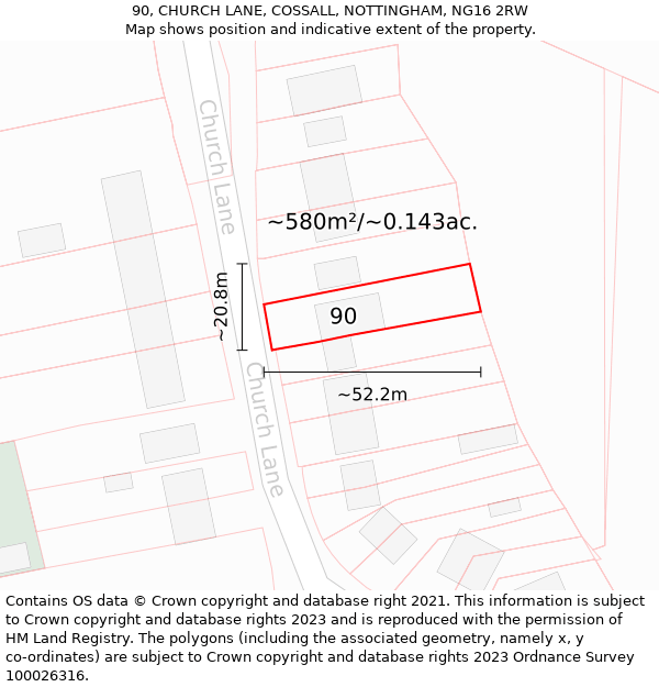 90, CHURCH LANE, COSSALL, NOTTINGHAM, NG16 2RW: Plot and title map