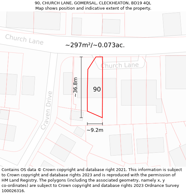 90, CHURCH LANE, GOMERSAL, CLECKHEATON, BD19 4QL: Plot and title map