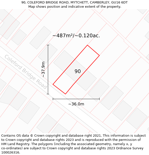 90, COLEFORD BRIDGE ROAD, MYTCHETT, CAMBERLEY, GU16 6DT: Plot and title map