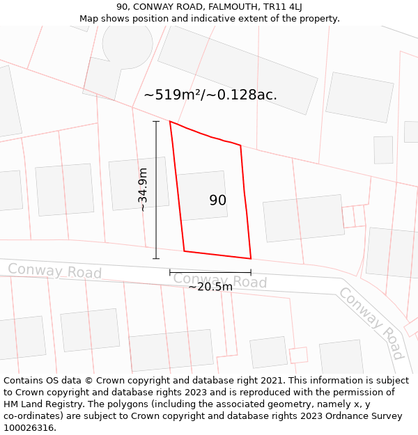 90, CONWAY ROAD, FALMOUTH, TR11 4LJ: Plot and title map