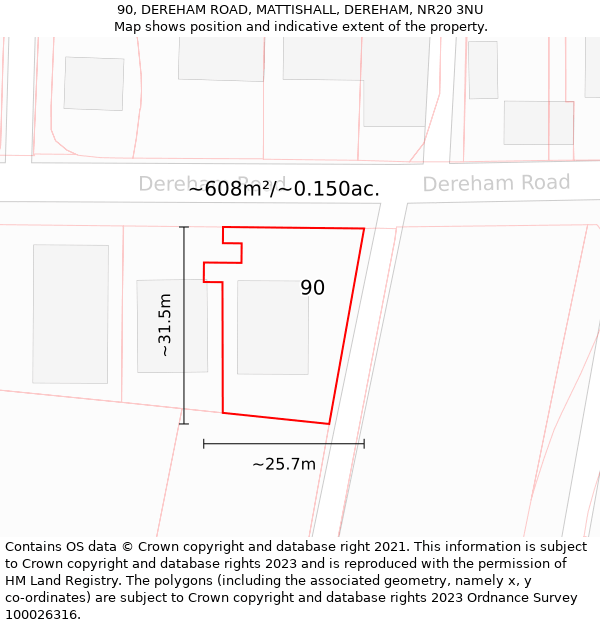 90, DEREHAM ROAD, MATTISHALL, DEREHAM, NR20 3NU: Plot and title map