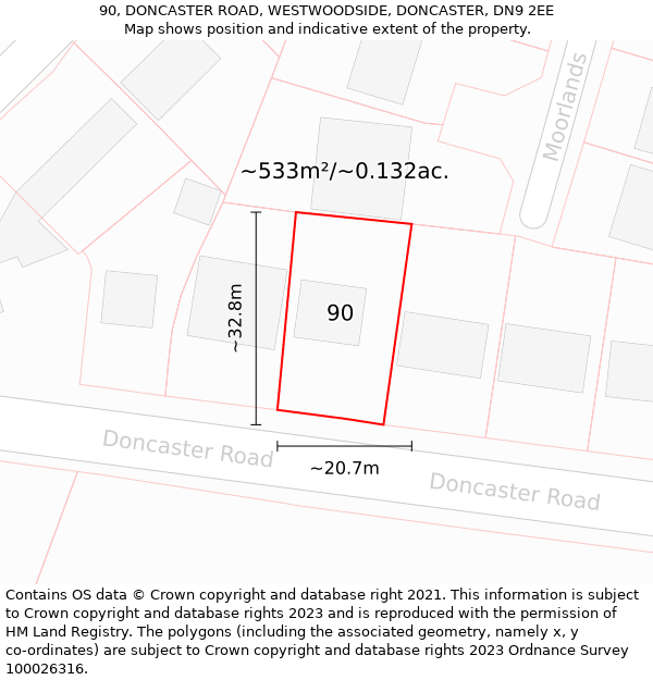 90, DONCASTER ROAD, WESTWOODSIDE, DONCASTER, DN9 2EE: Plot and title map